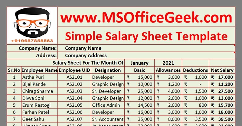 Ready-To-Use Simple Salary Sheet Excel Template - MSOfficeGeek