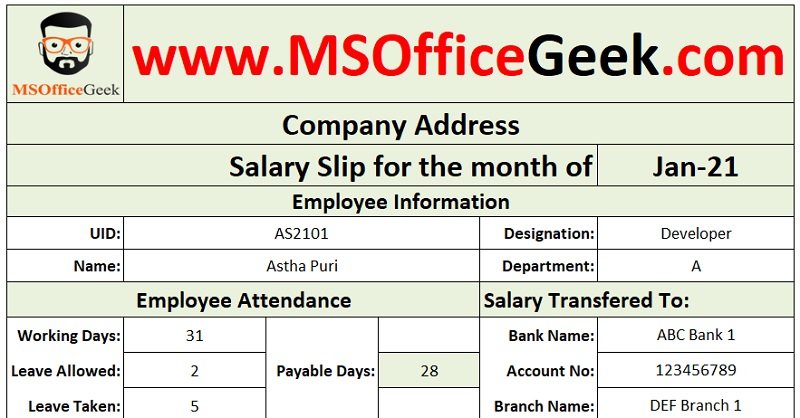 salary slip format in excel with formula