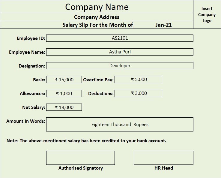 Salary Slip Format In India Visionasl