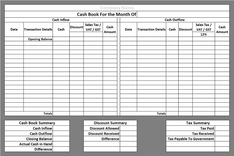 Printable Cash Book Template With Tax and Discount