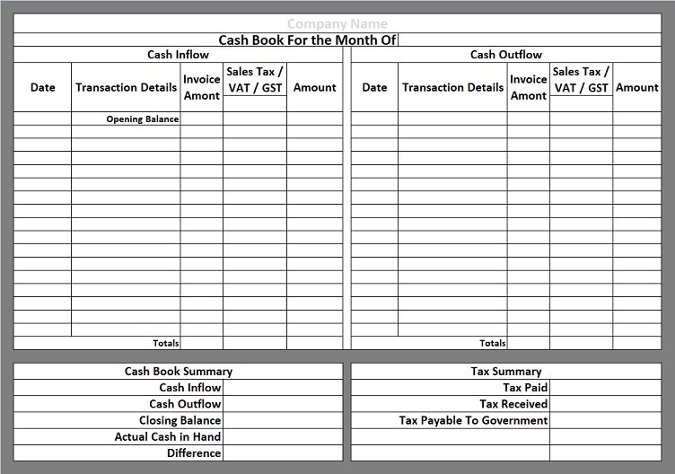 Printable Cash Book Template With Tax
