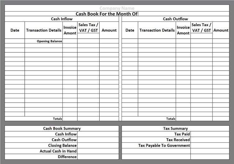 Cash Book Template Free Download