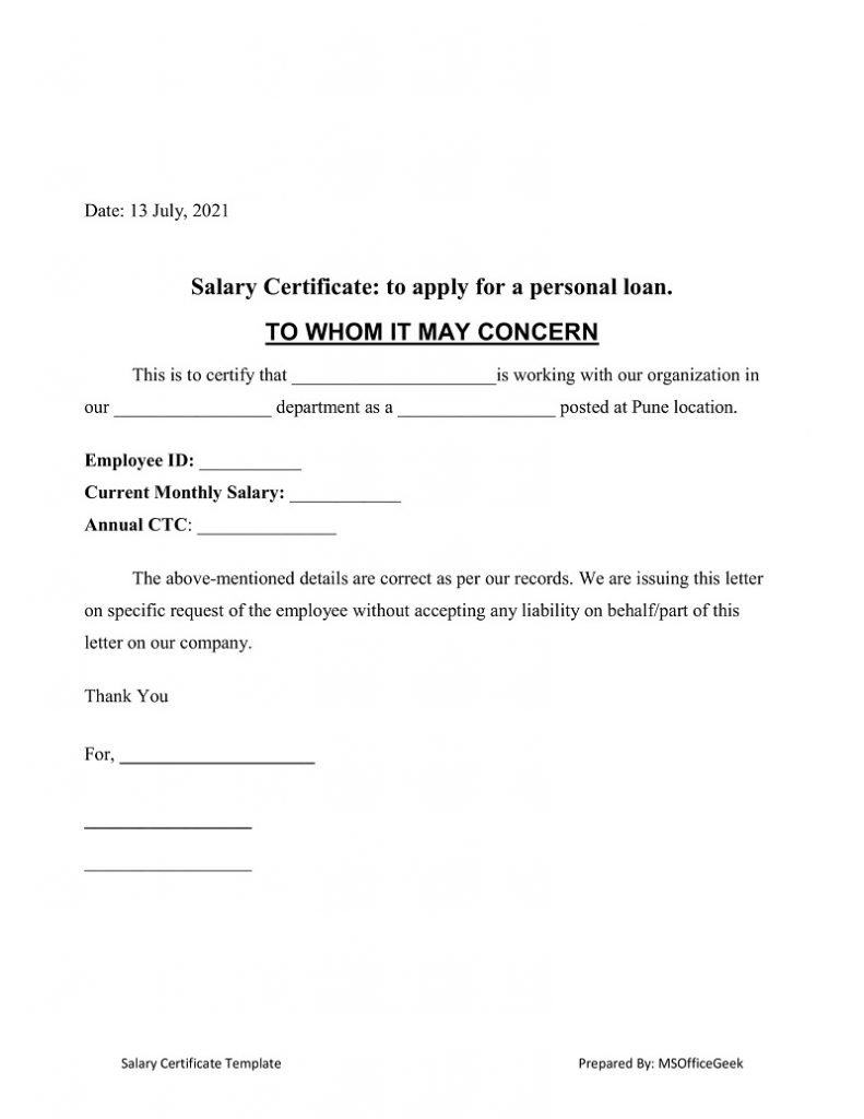 Printable Salary Certificate Format