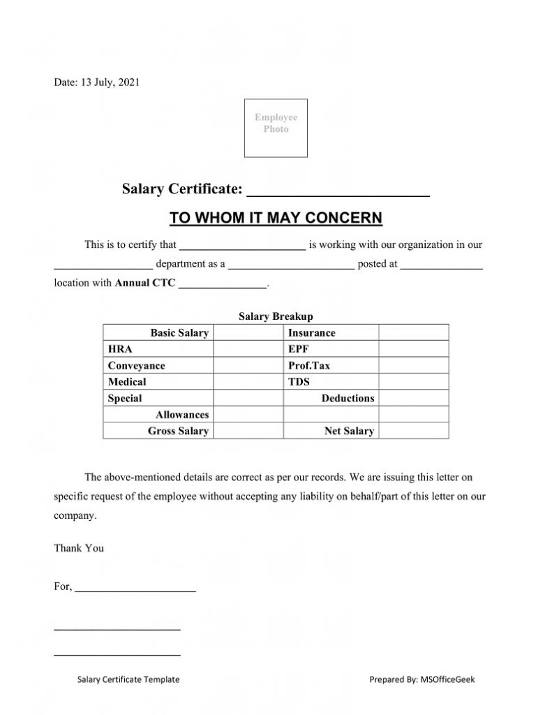 Printable Salary Certificate Format With Salary Breakup