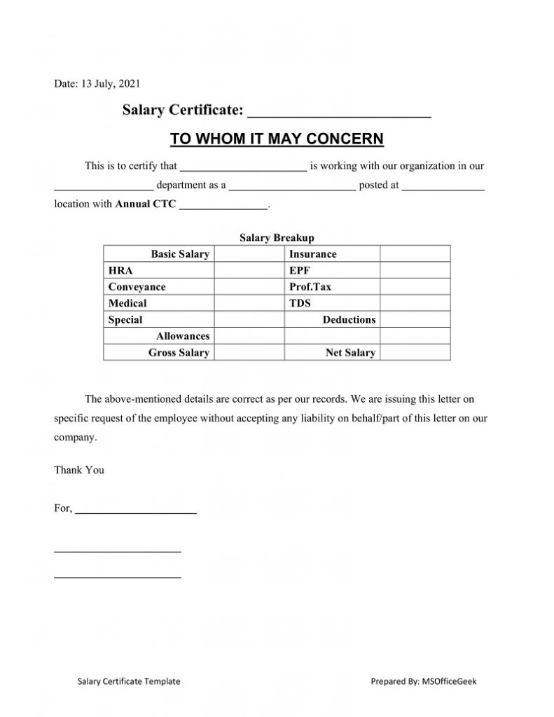 ReadyToUse Salary Certificate Format Excel Template MSOfficeGeek