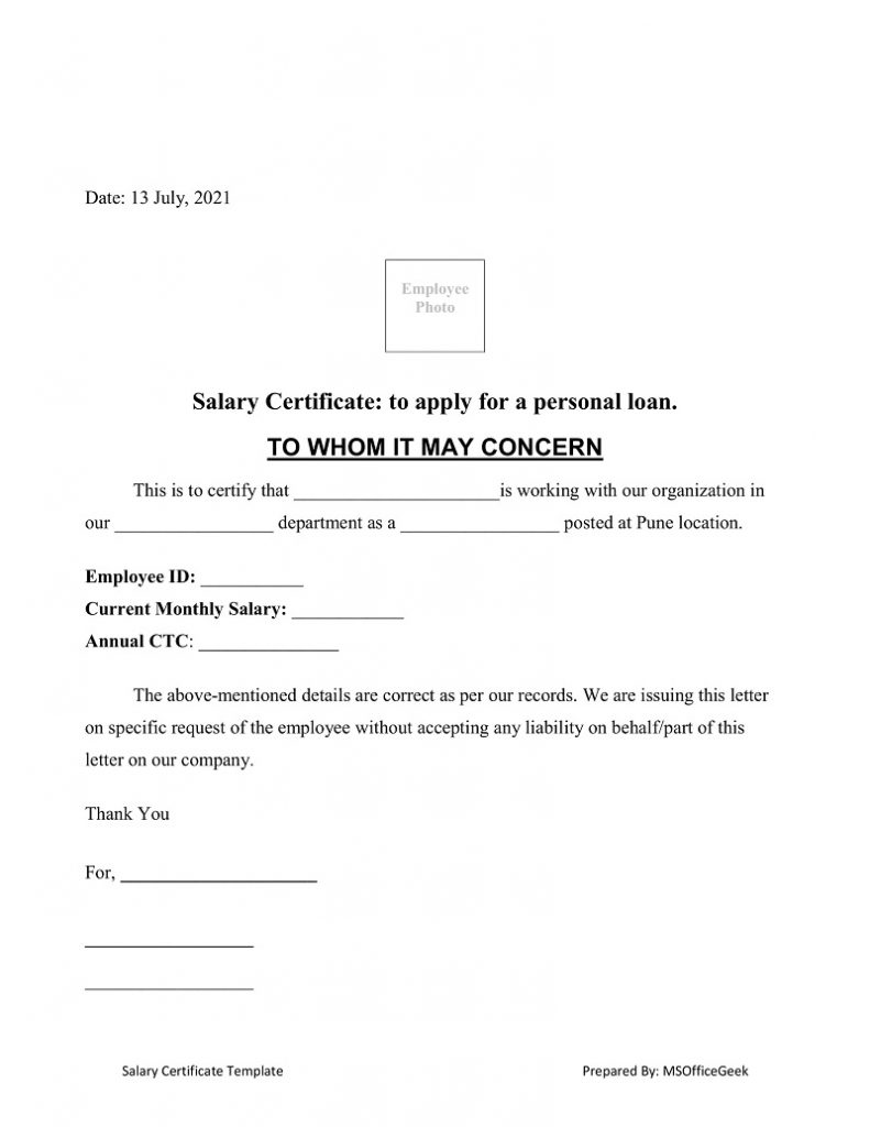 Printable Salary Certificate Format