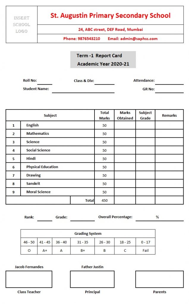 School Report Card And Mark Sheet Excel Template - MSOfficeGeek