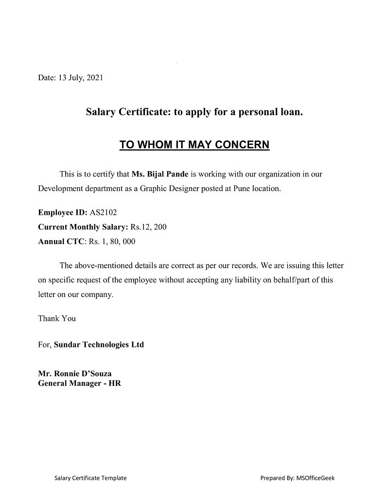 Sample Of Salary Certificate Letter 7515