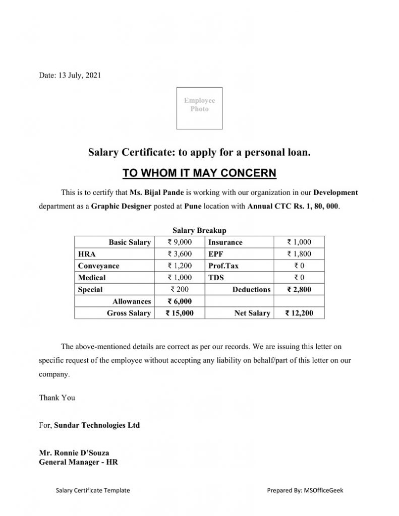 Salary Certificate Format With Salary Breakup