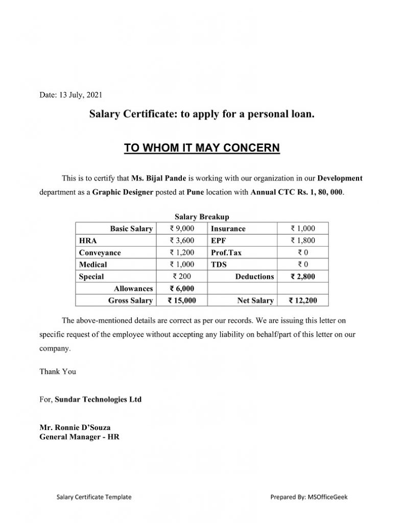 Salary Certificate Format With Salary Breakup