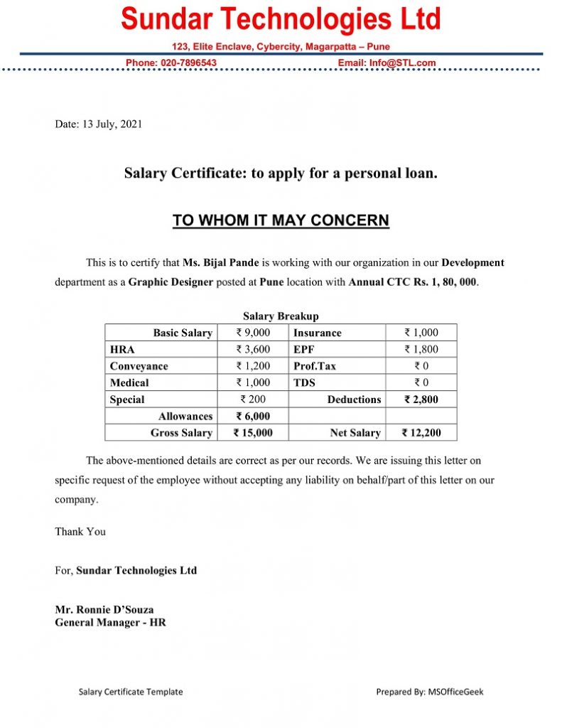 Salary Certificate Format With Salary Breakup Letterhead