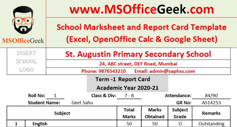 School Report Card And Mark Sheet Excel Template - MSOfficeGeek