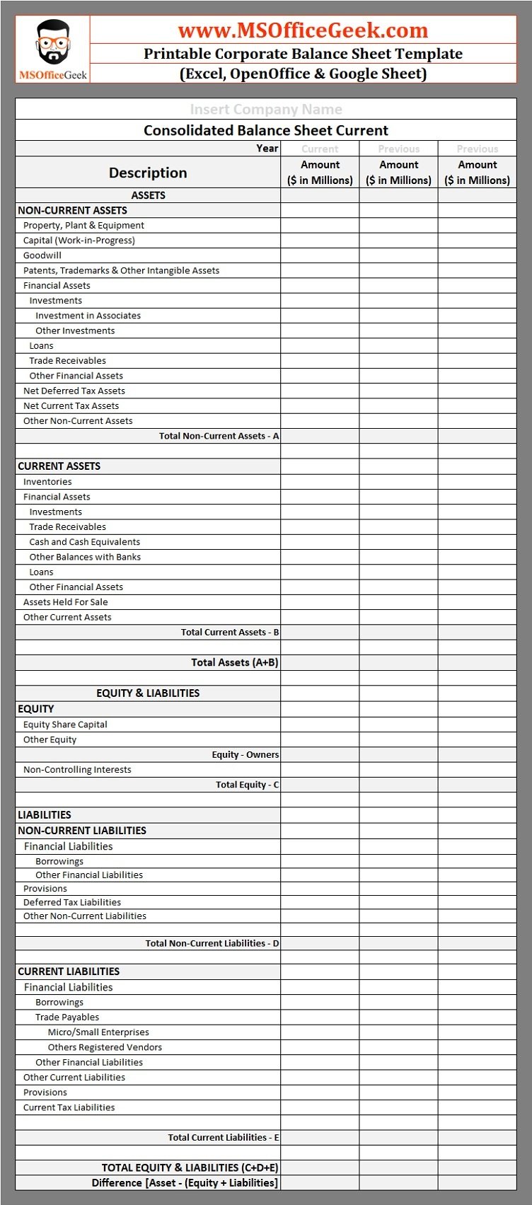 Printable Corporate Balance Sheet Template