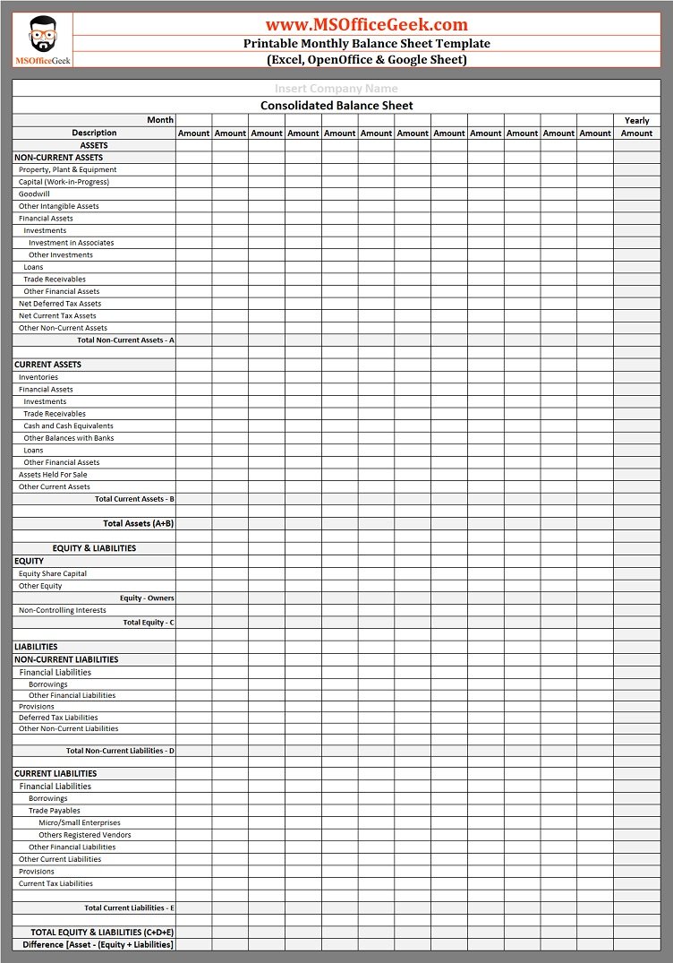 Printable Monthly Balance Sheet Format