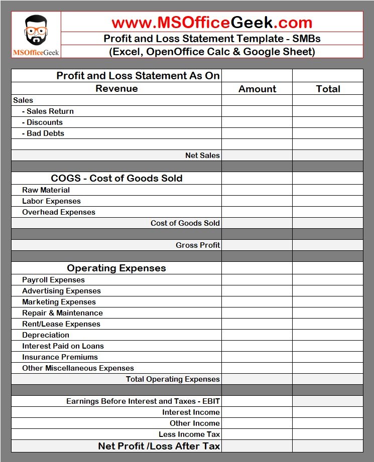 Printable Profit and Loss Statement - SMBs
