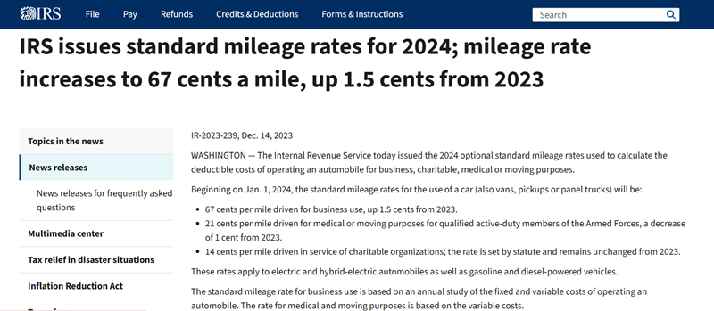 IRS Standard Mileage Rates 2024