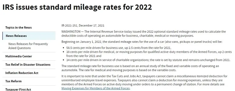 IRS Mileage Rates 2022