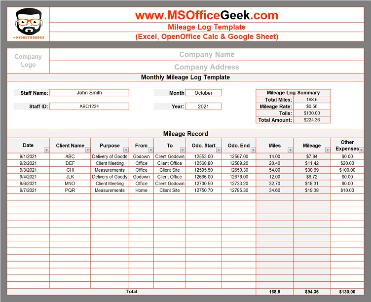 Ready To Use Yearly Mileage Log Template MSOfficeGeek