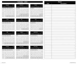 Calendar 2022 With Notes - Black