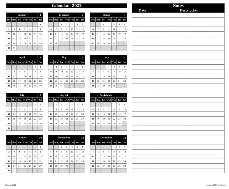 Ready-To-Use Printable Calendar 2022 With Notes - MSOfficeGeek