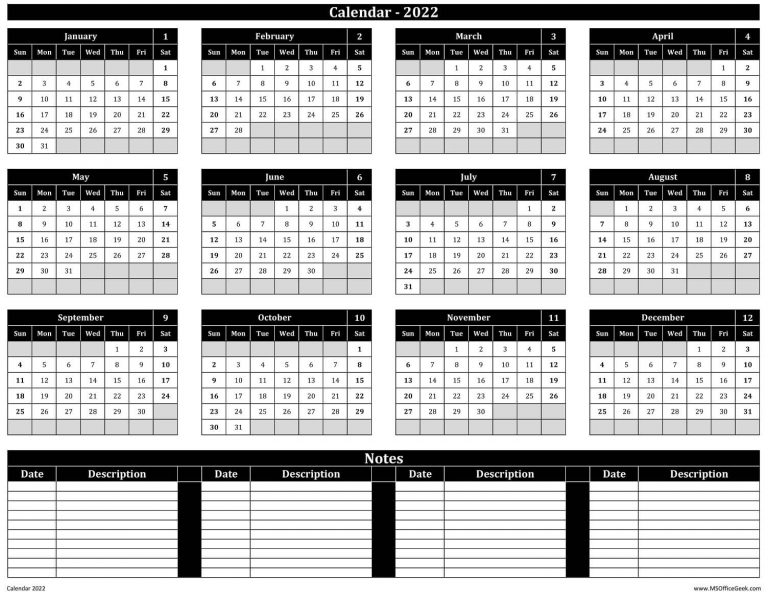 Ready-To-Use Printable Calendar 2022 With Notes - MSOfficeGeek