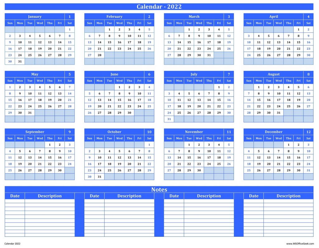 Calendar 2022 With Notes Landscape