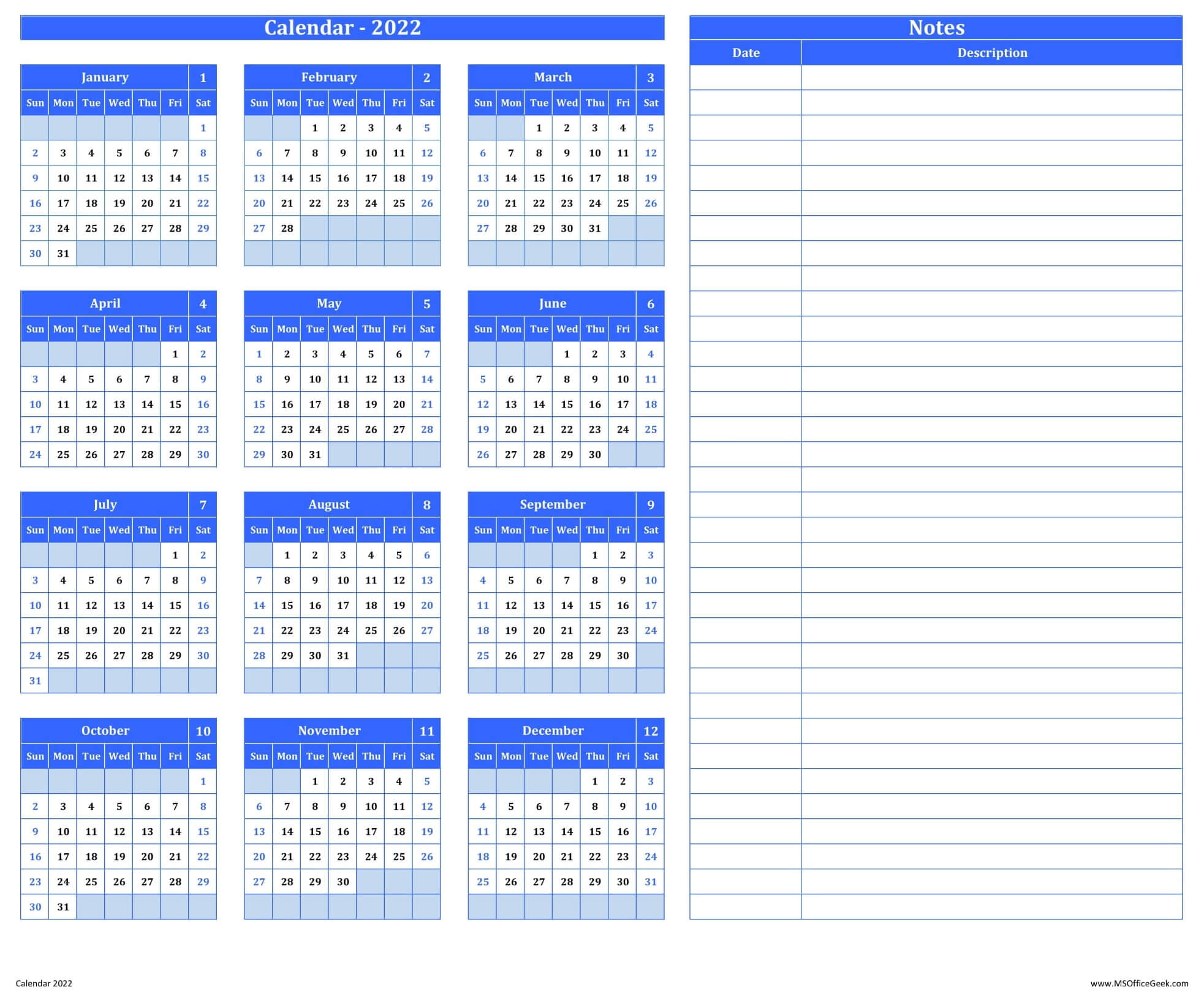 ready to use printable calendar 2022 with notes msofficegeek