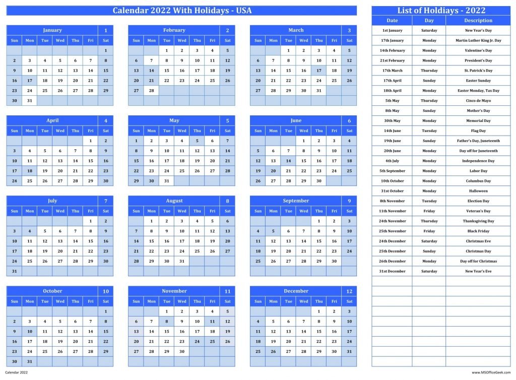 Ready-to-use Printable Calendar 2022 With Us Holidays - Msofficegeek