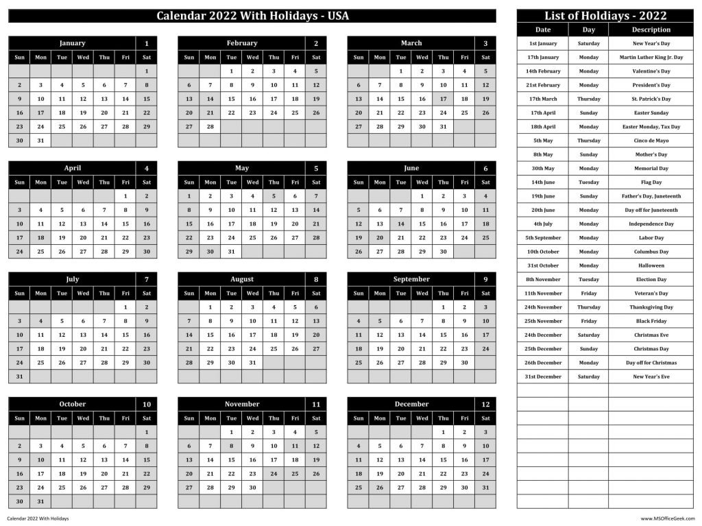 Ready-To-Use Printable Calendar 2022 With US Holidays - MSOfficeGeek