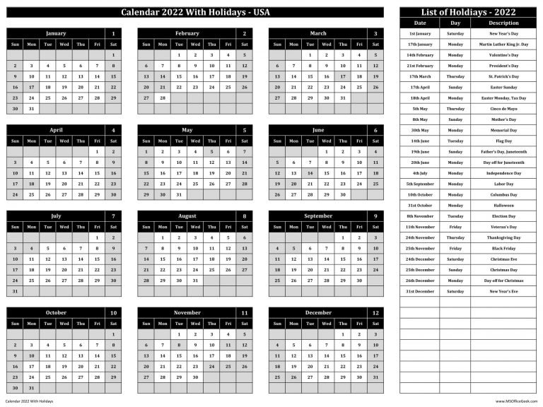 Ready-To-Use Printable Calendar 2022 Monday Start - MSOfficeGeek