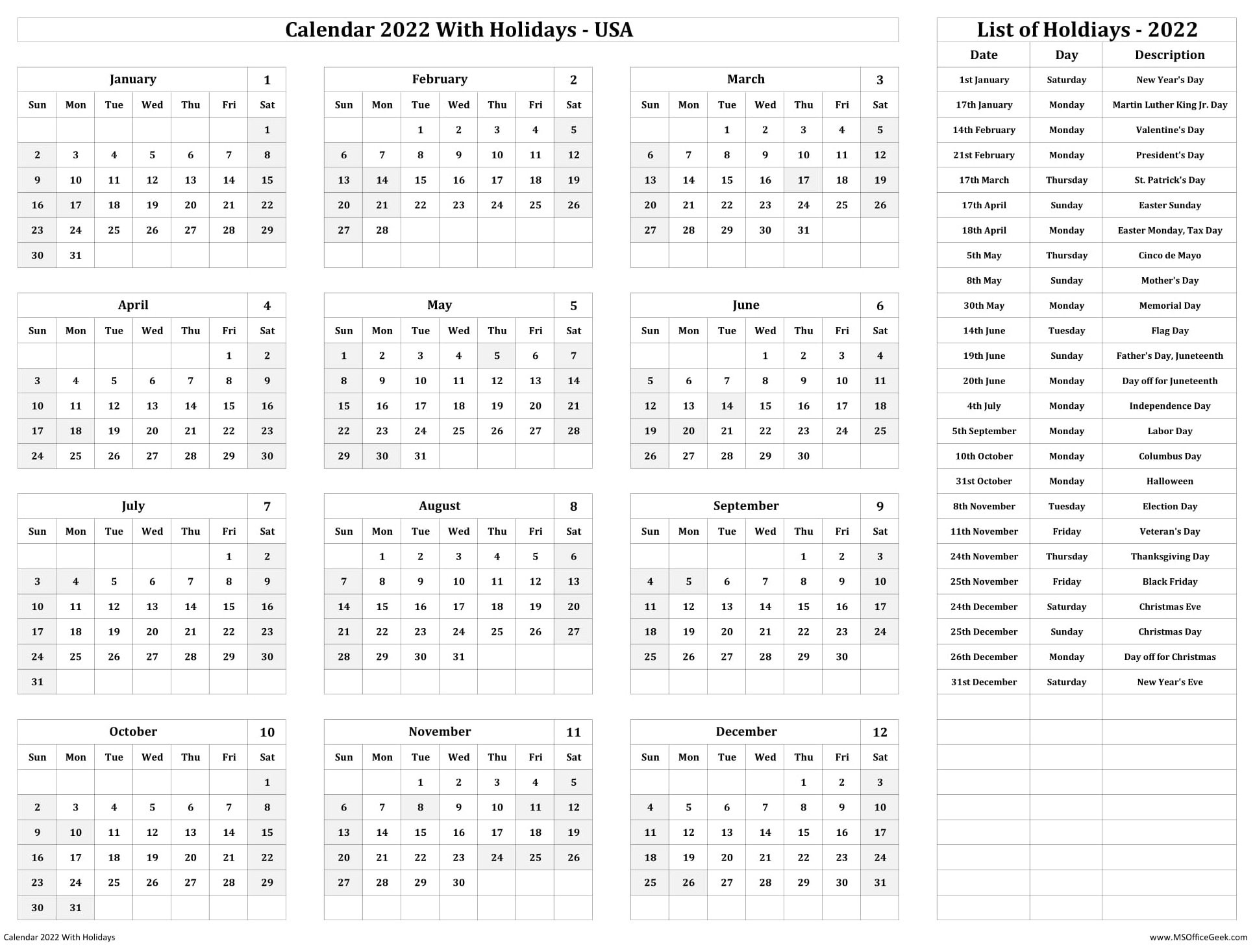 Calendar 2022 With US Holidays