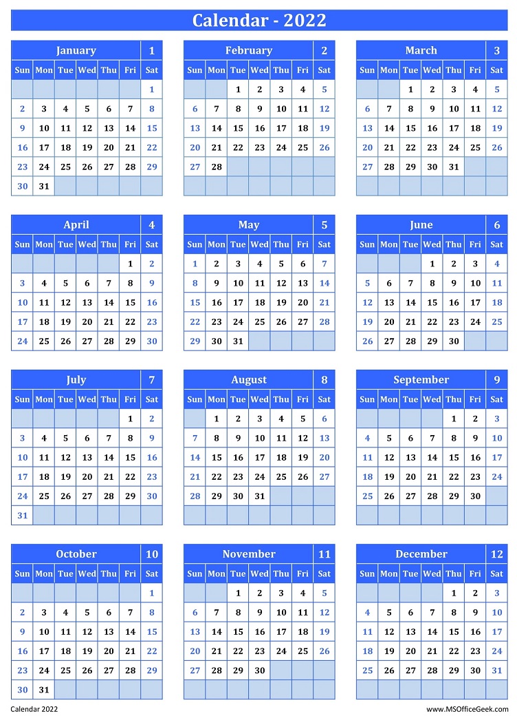 Ready-To-Use Printable Calendar 2022 With US Holidays - MSOfficeGeek