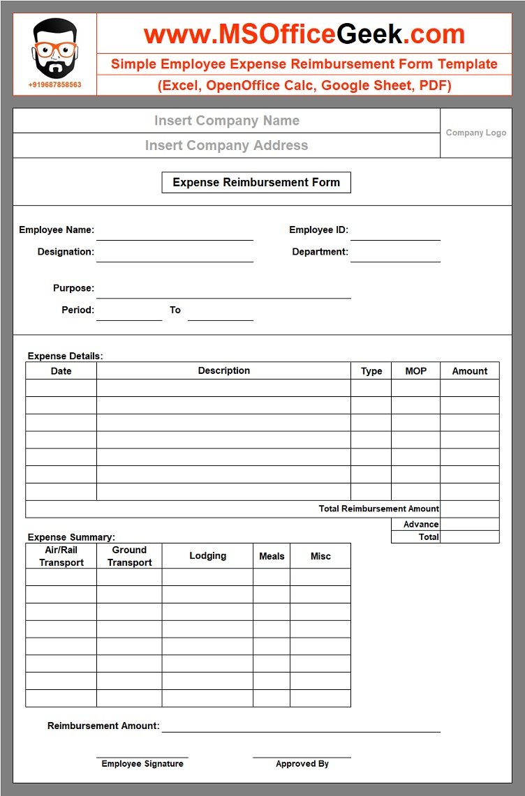 Employee Expense Reimbursement Form Template Msofficegeek 9790