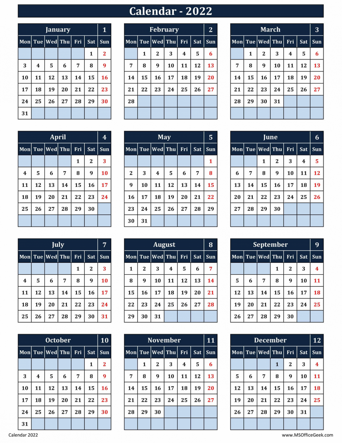 Ready-To-Use Printable Calendar 2022 Monday Start - MSOfficeGeek