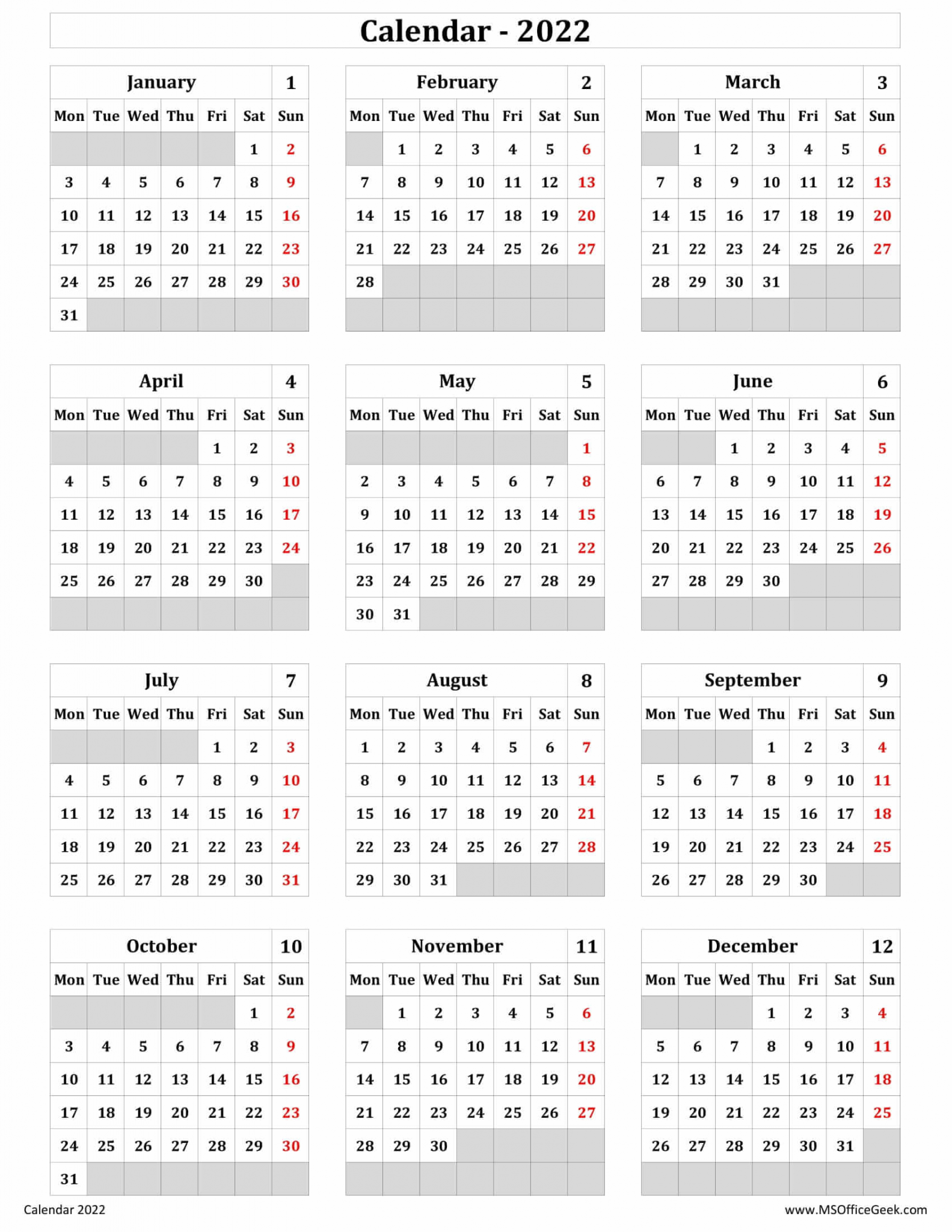 Ready-To-Use Printable Calendar 2022 Monday Start - MSOfficeGeek