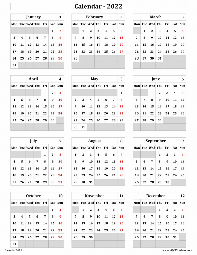 Ready-To-Use Printable Calendar 2022 Monday Start - MSOfficeGeek