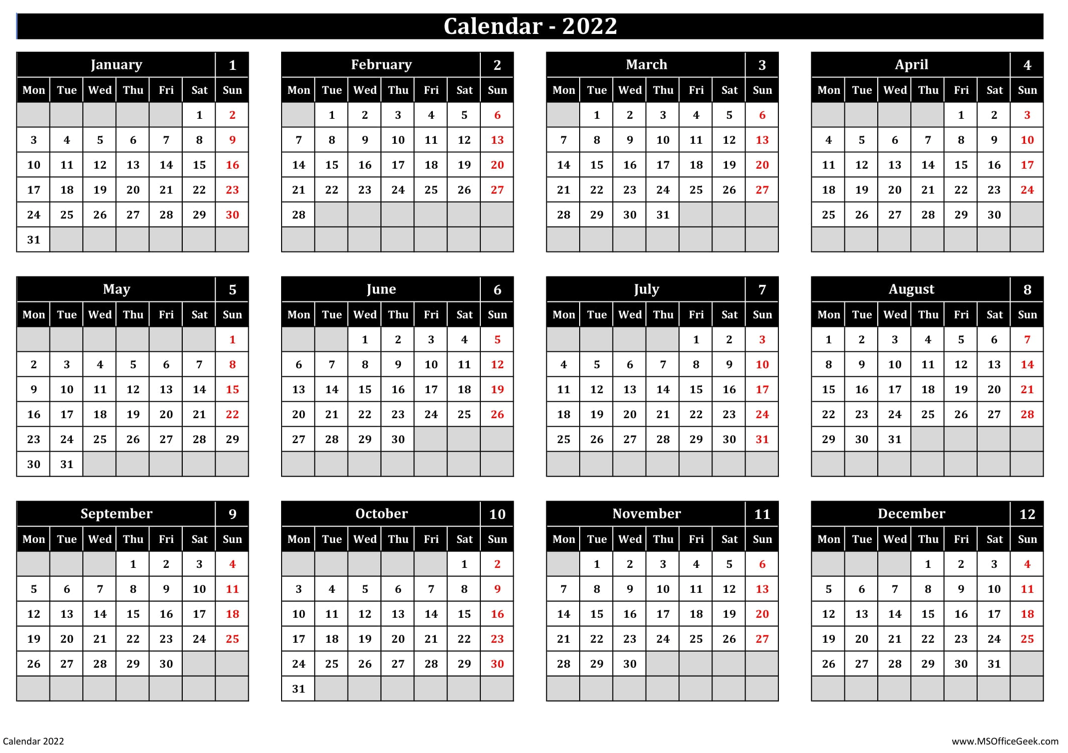 Calendar 2022 Landscape