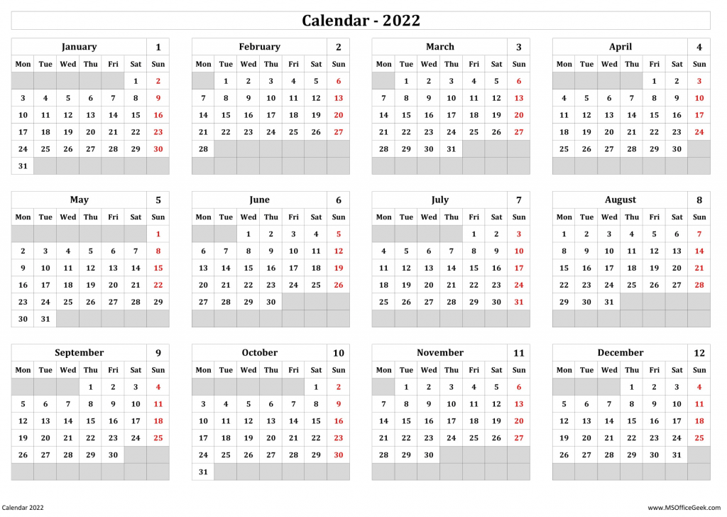 Ready-To-Use Printable Calendar 2022 Monday Start - MSOfficeGeek