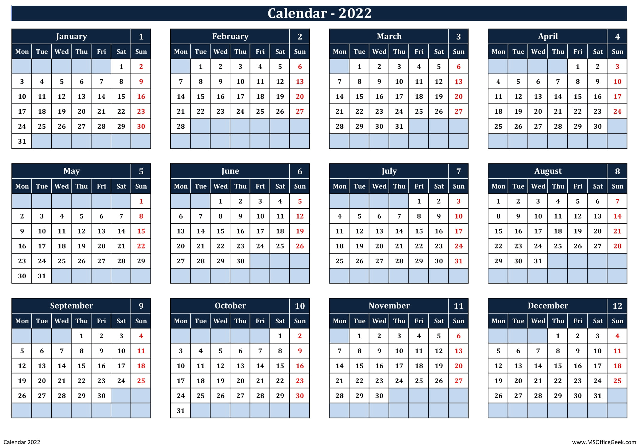 Ready-To-Use Printable Calendar 2022 Monday Start - MSOfficeGeek