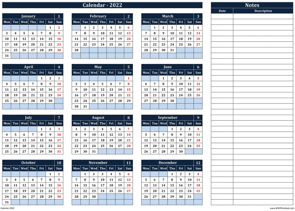 Ready-To-Use Printable Calendar 2022 Monday Start With Notes - MSOfficeGeek