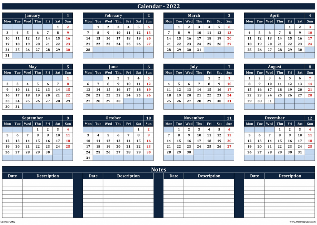 Calendar 2022 Monday Start With US Holidays - MSOfficeGeek