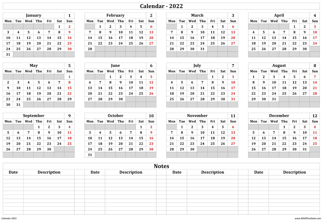 Calendar 2022 Monday Start With Notes