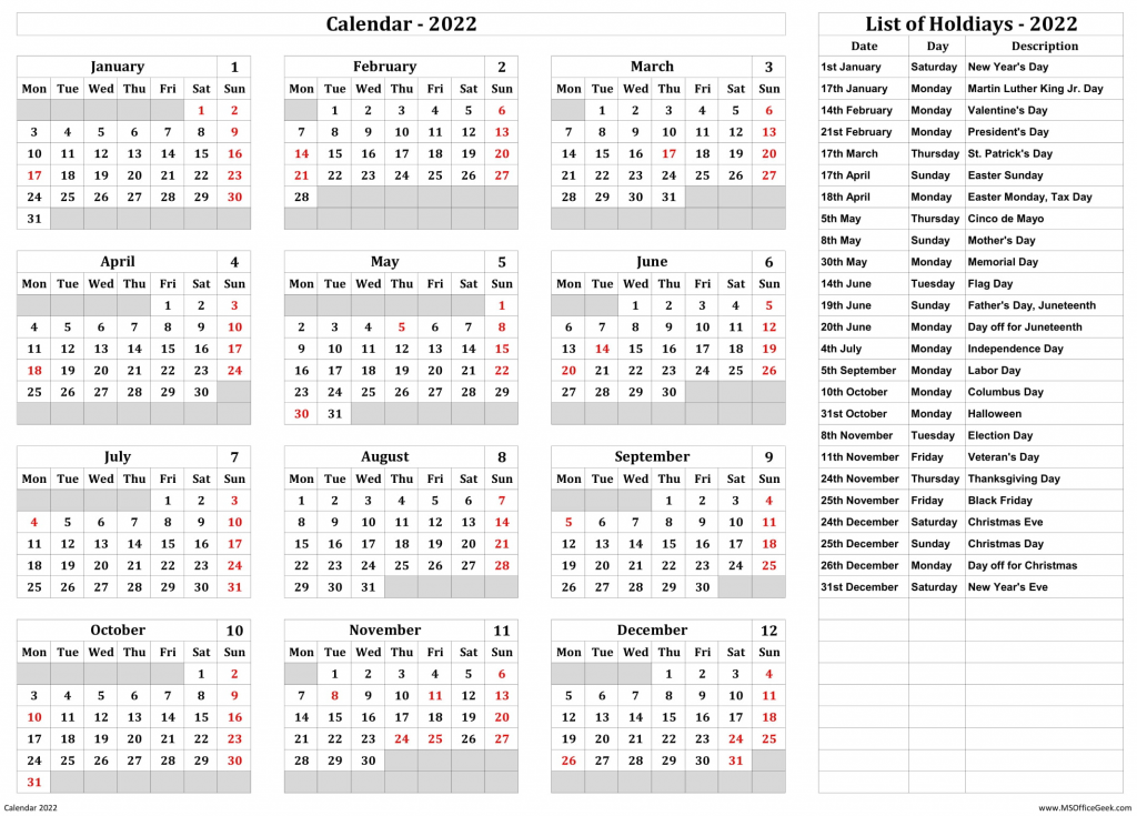 Calendar 2022 Monday Start With US Holidays - MSOfficeGeek