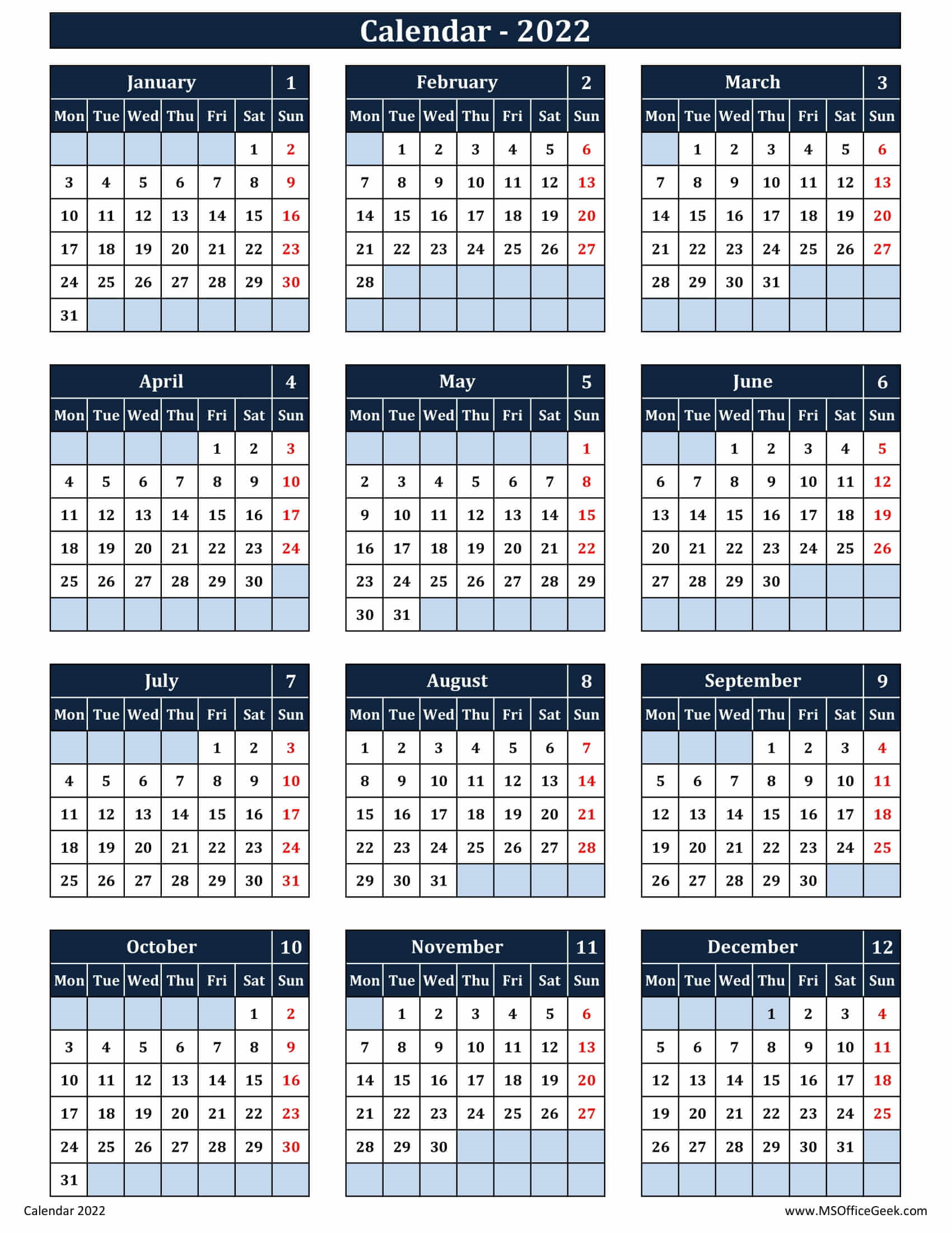 Excel 2022 Calendar Ready-To-Use Printable Calendar 2022 Monday Start - Msofficegeek