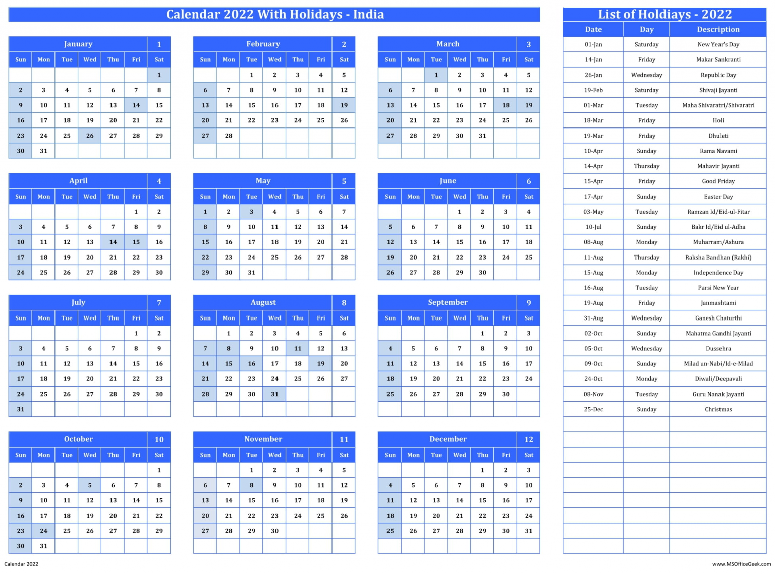 Printable Calendar 2022 With Indian Holidays - MSOfficeGeek