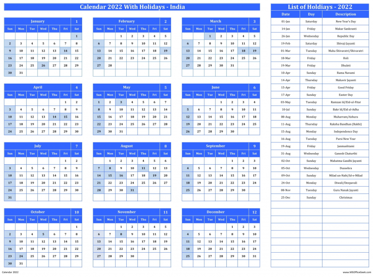 Printable Calendar 2022 With Indian Holidays - MSOfficeGeek