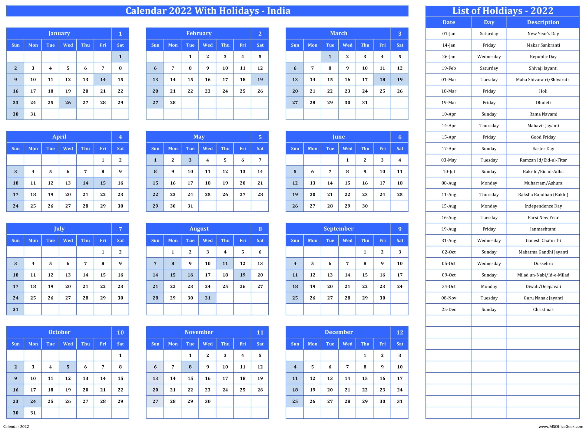 Printable Calendar 2022 With Indian Holidays MSOfficeGeek