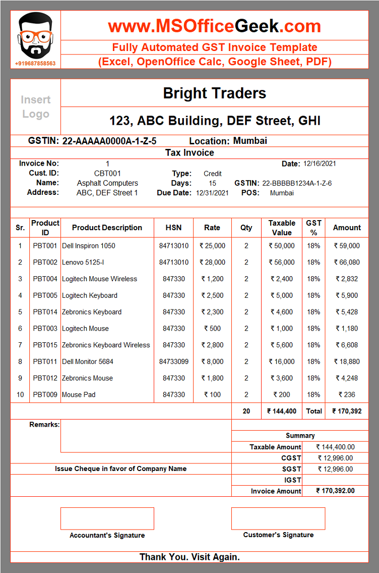 Gst Invoice Template Free - Invoice