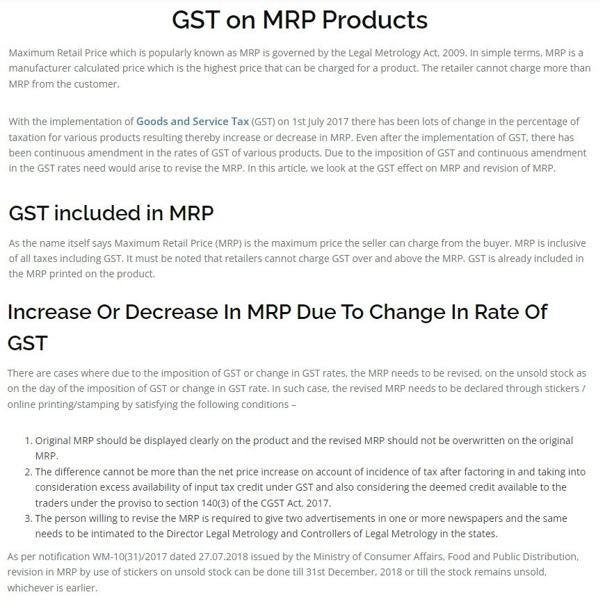 GST Rules for Selling Goods on MRP