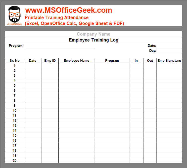 Printable Employee Training Attendance